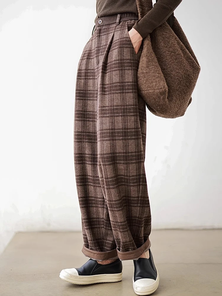 羊毛呢垂坠厚实软糯可水洗半松紧经典格子文艺长裤直筒格子裤休闲