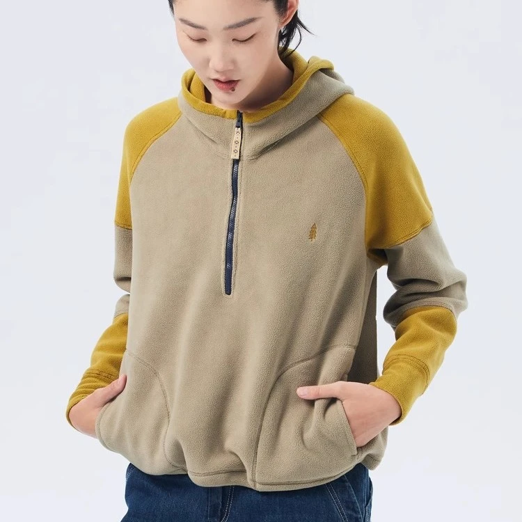 重磅双层摇粒绒秋季新品女黄绿拼接半开襟套头连帽卫衣热力感休闲