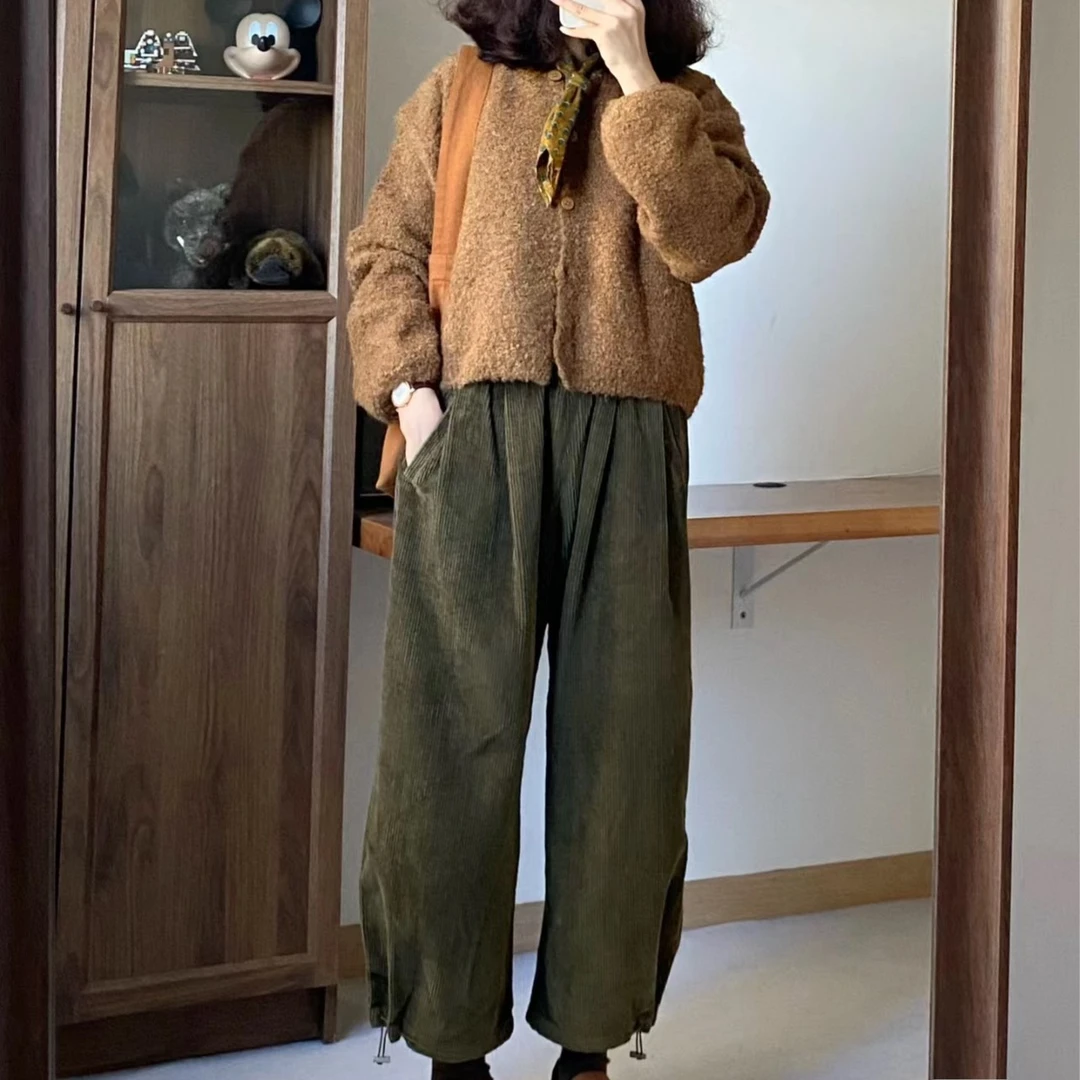 女士秋冬新款灯芯绒九分裤复古外穿高腰休闲保暖宽松显瘦文艺时尚