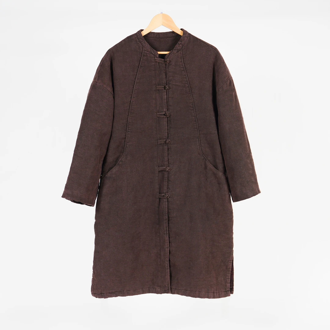 秋冬碧纹染亚麻中长款女士棉服时尚休闲复古国风中式保暖冬季禅意