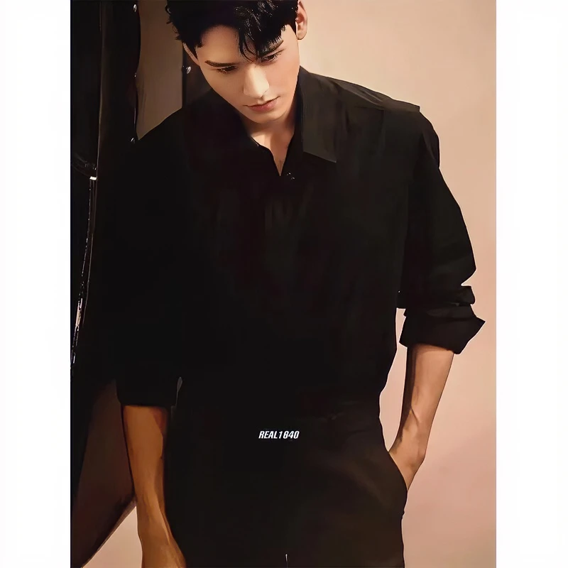 高级感纯黑色冰丝衬衫男长袖痞帅穿搭男装禁欲系那不勒斯西装衬衣