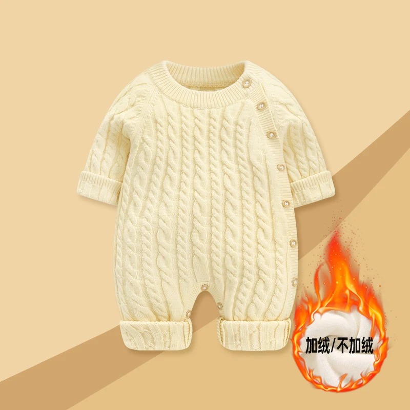 婴儿衣服秋冬新款女宝宝加绒哈衣新生儿冬装加厚针织爬服毛衣外套