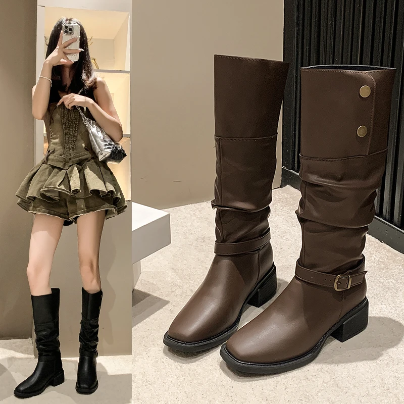 2024网红潮款靴子女长筒靴时尚长靴百搭显腿长显瘦套筒厚底高筒靴