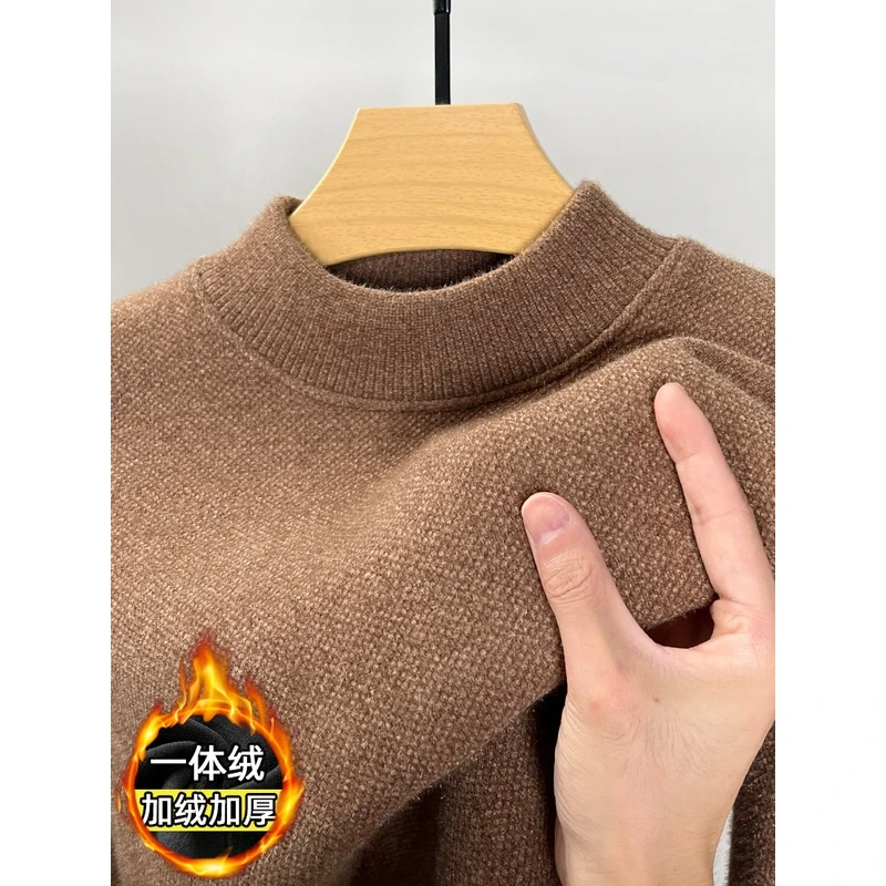 雪尼尔半高领毛衣男加绒加厚一体绒保暖衣2023新款冬季针织打底衫