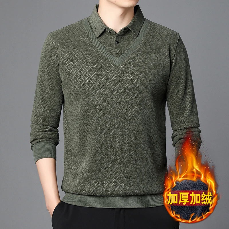 新款欧棉绒男士长袖POLO衫高档假两件保暖打底衫翻领秋冬商务男装