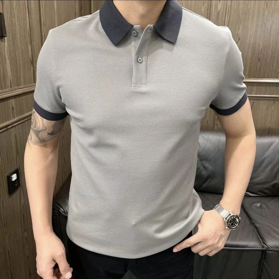 2025夏季新款男士商务休闲轻奢高品质简约撞色翻领polo衫潮流短袖
