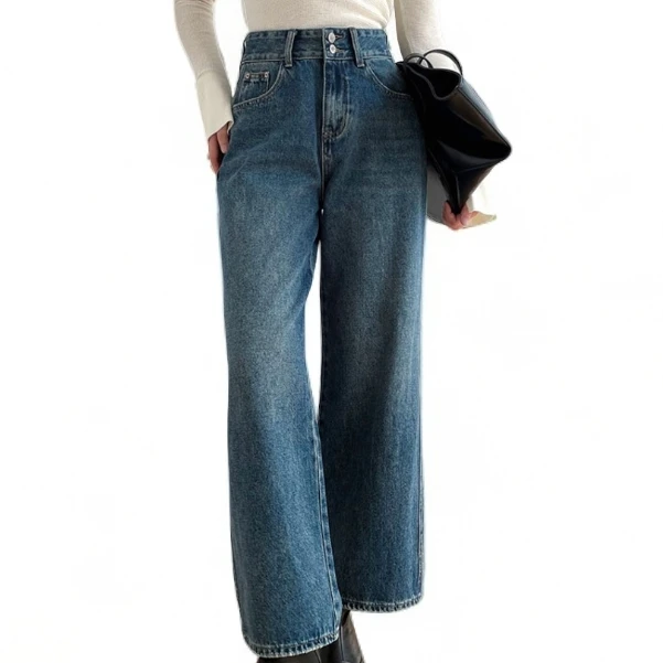 2024牛仔篇章【丹宁风】女式高腰双扣直通休闲阔腿牛仔裤