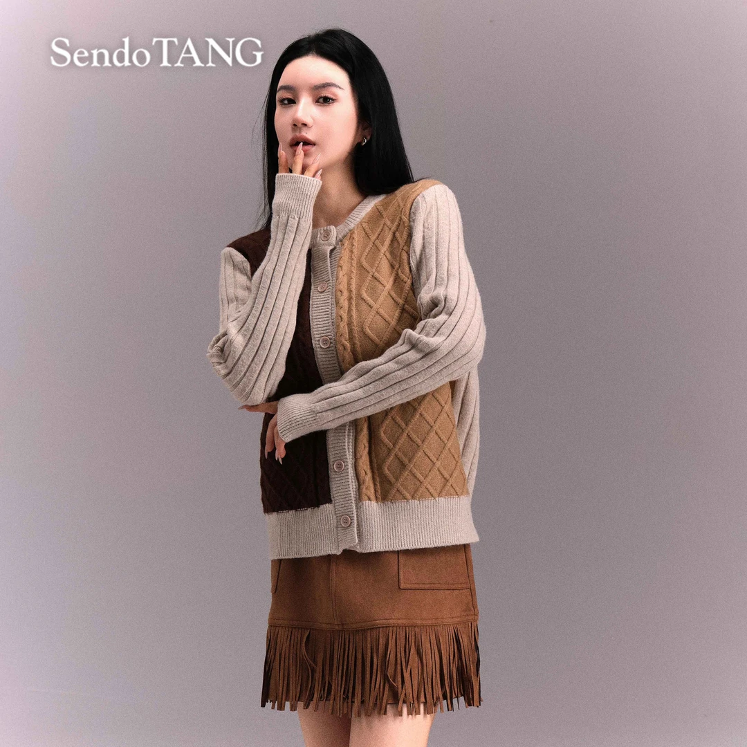 超好搭配【西风高原】胖多女装时尚新款拼色针织百搭宽松显瘦衬衫