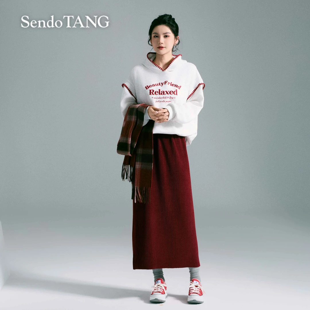 甜美感觉【松弛定律】胖多女装新款高级感撞色连帽卫衣半裙套装