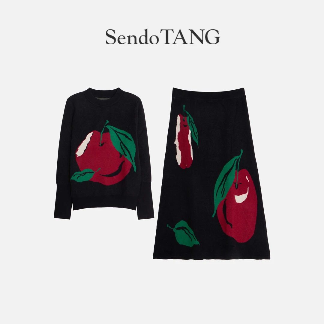 软糯舒适【小苹果】胖多女装时尚高级苹果刺绣针织卫衣半裙套装