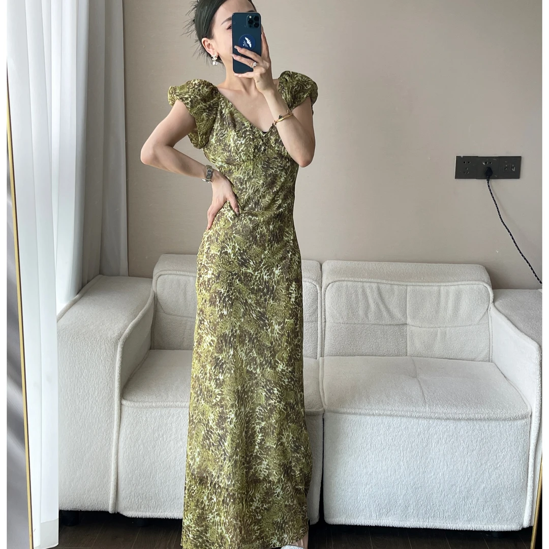 【李嘉潼】B0903 夏季新款新中式绿色印花高级显瘦连衣裙