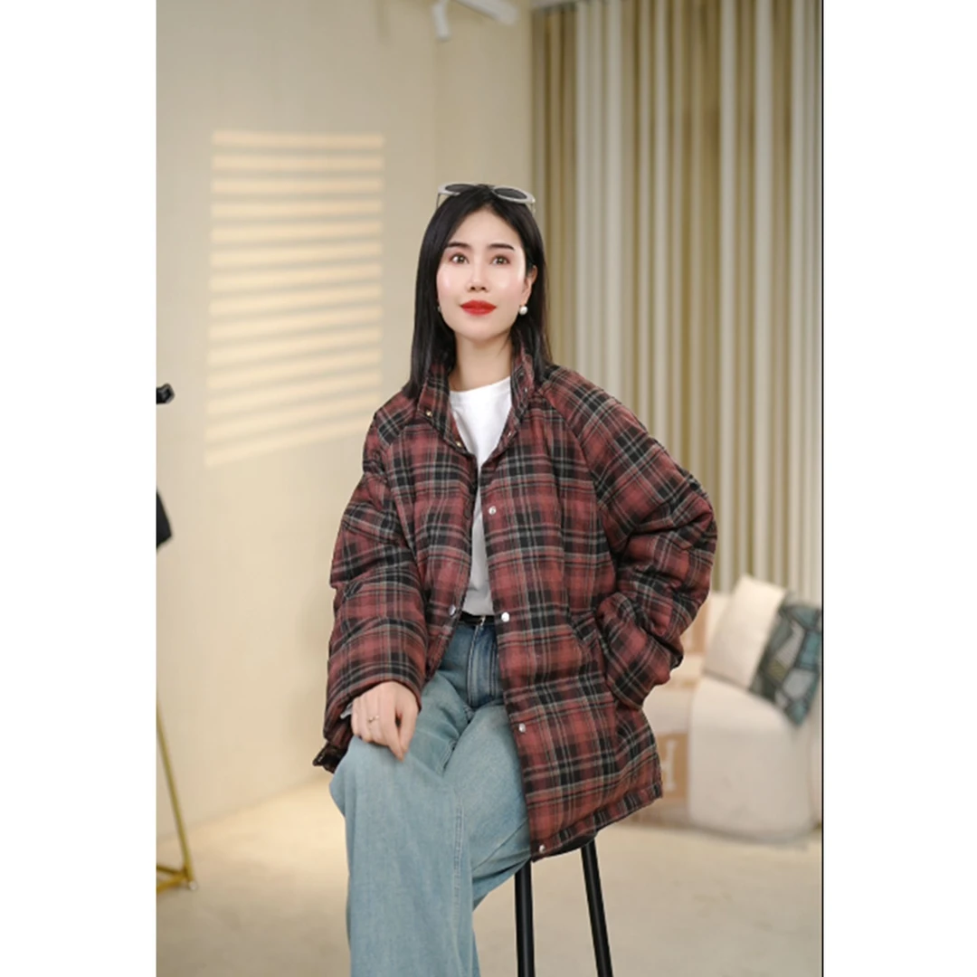 北桔2024冬季新款格子立领加厚面包服外套短款夹棉加厚棉服女4520