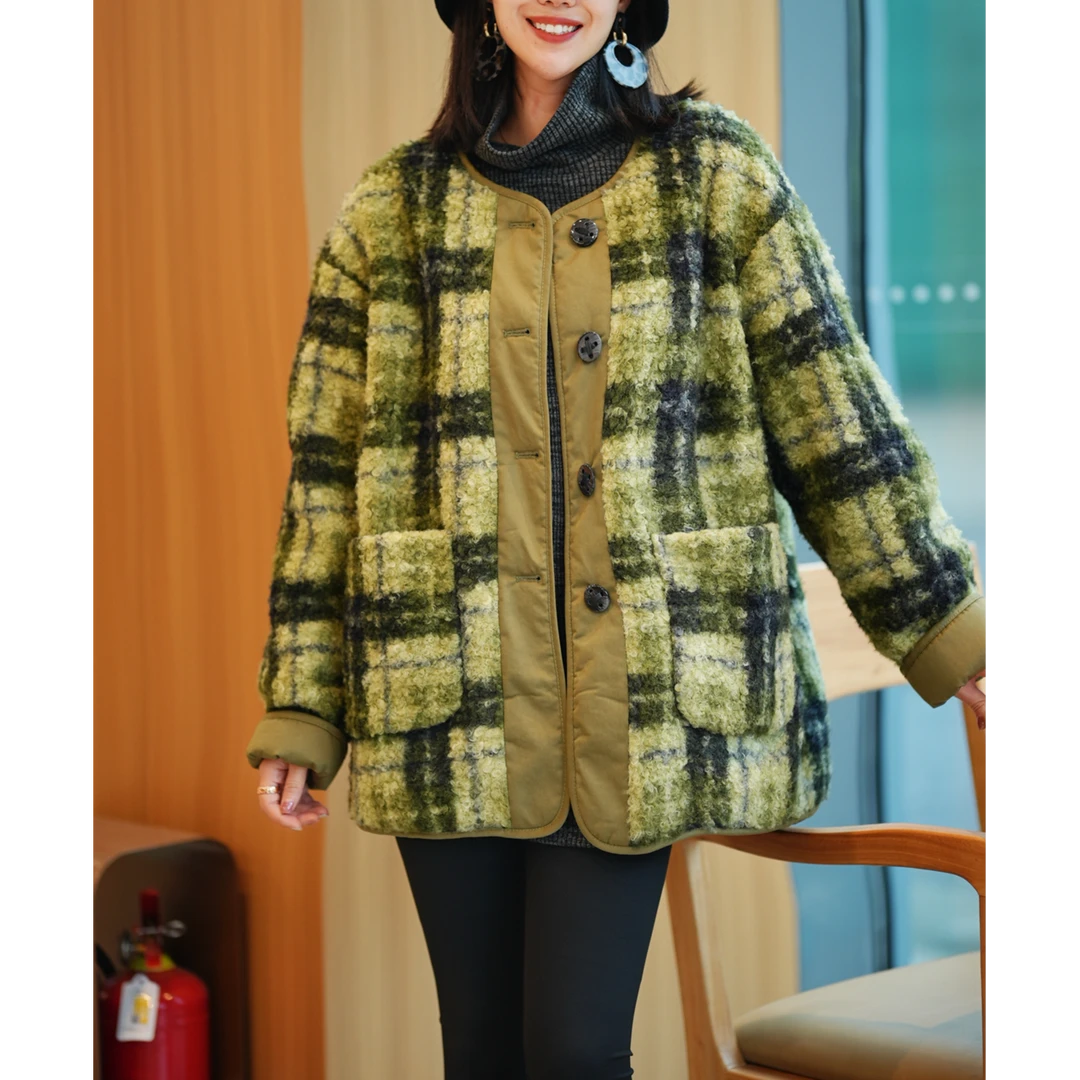 2024冬季新款时尚休闲宽松格子加厚复古格纹韩版短款毛呢外套6677