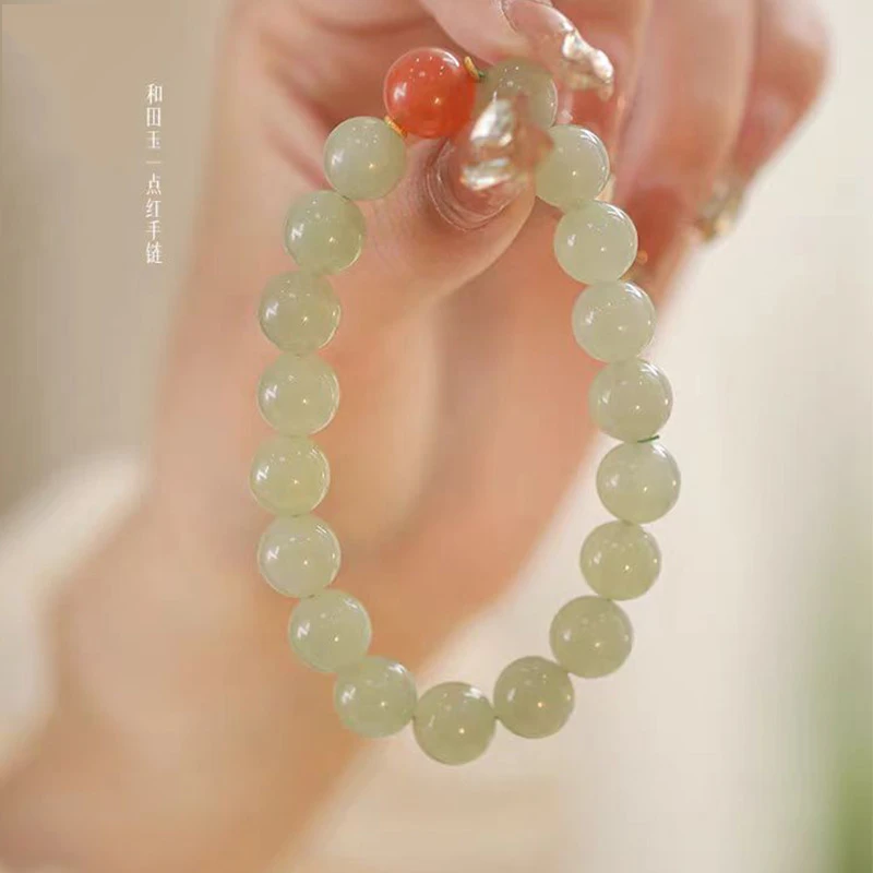一抹红手串天然和田玉青白玉圆珠手串小众设计款单圈玉手串