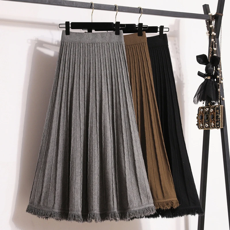 大码女装秋冬胖mm韩版时尚潮搭高腰显瘦提花针织毛边半身裙大摆裙