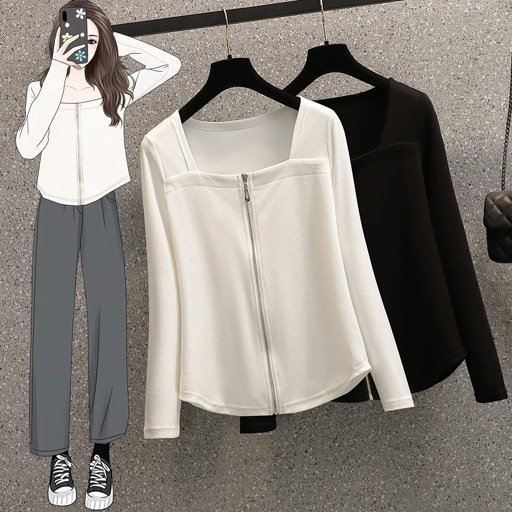 胖mm大码女装方领长袖T恤2023年春秋新款超火别致内搭卫衣上衣潮