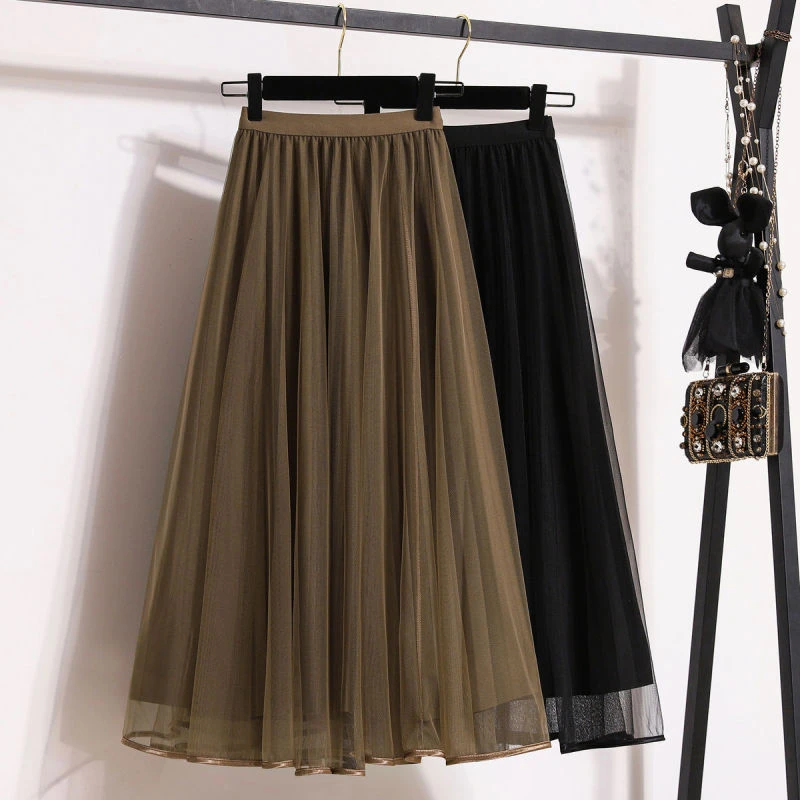 2023大码女装秋新款胖mm时尚潮搭高腰显瘦网纱大摆裙百褶裙半身裙