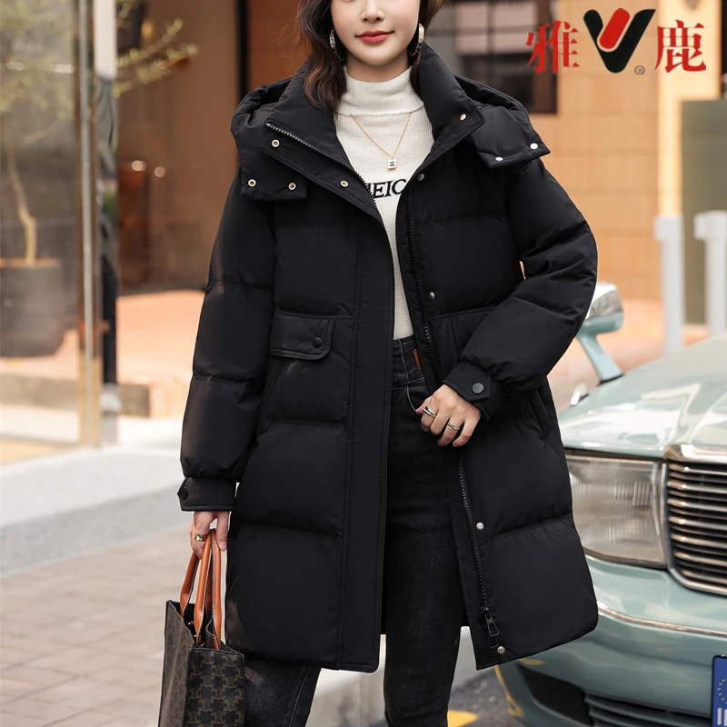 V/雅鹿YH501X00600新款加厚冬季时尚连帽中长款90%白鸭绒羽绒服