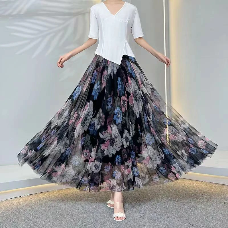 印花网纱半身裙2025春秋新款复古高腰中长款时尚大摆A字长裙