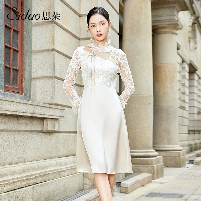 S23400蕾丝显瘦气质复古法式修身中长款中国风优雅秋季宴会连衣裙