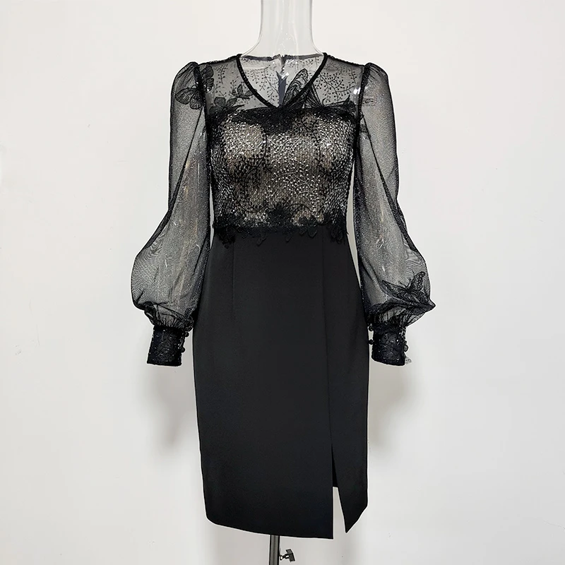 【思朵】Y24001显瘦黑色复古法式收腰优雅蕾丝气质长袖轻奢时尚礼服