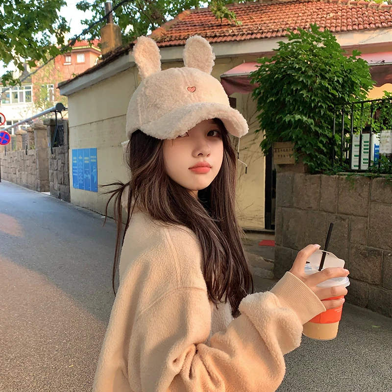 羊羔毛绒棒球帽女秋冬季时尚显脸小百搭韩版潮大头围兔耳朵鸭舌帽
