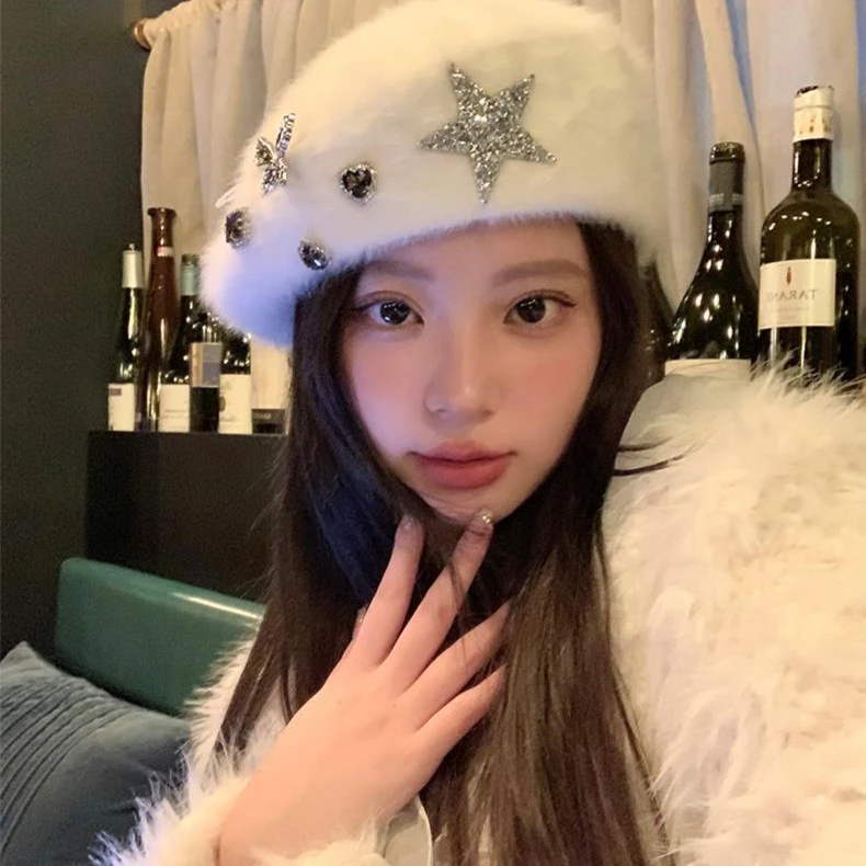 千禧甜妹~手工兔毛水钻毛绒贝雷帽女秋冬季时尚画家帽反戴前进帽