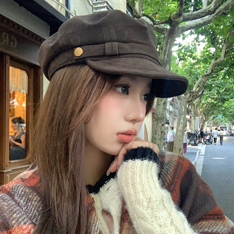 入秋氛围感美拉德~棕色麂皮平顶报童帽女秋冬复古英伦八角画家帽