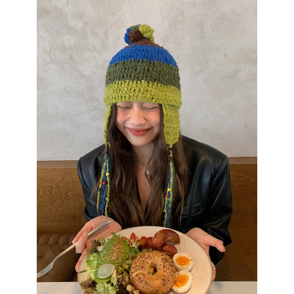 小众街头潮牌羊毛圈圈绒手钩毛线雷锋帽女秋冬季保暖护耳针织冷帽