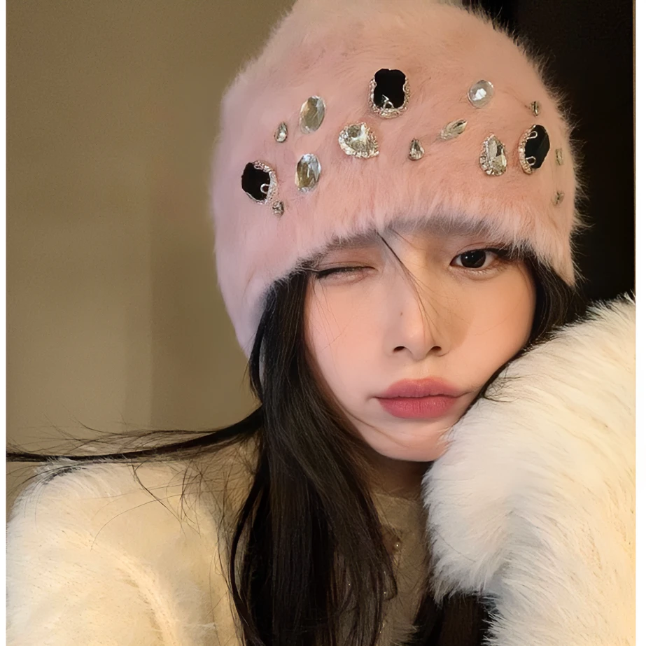 毛茸茸水钻包头帽女冬季加厚保暖韩版渔夫帽可爱毛绒显脸小ins潮