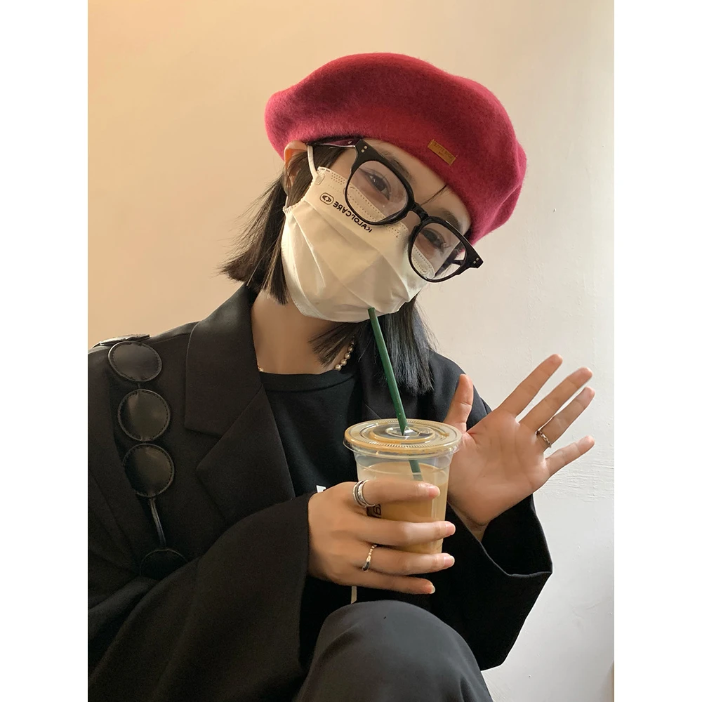 石原里美同款皮标毛呢贝雷帽女秋冬季韩版显脸小百搭蓓蕾画家帽