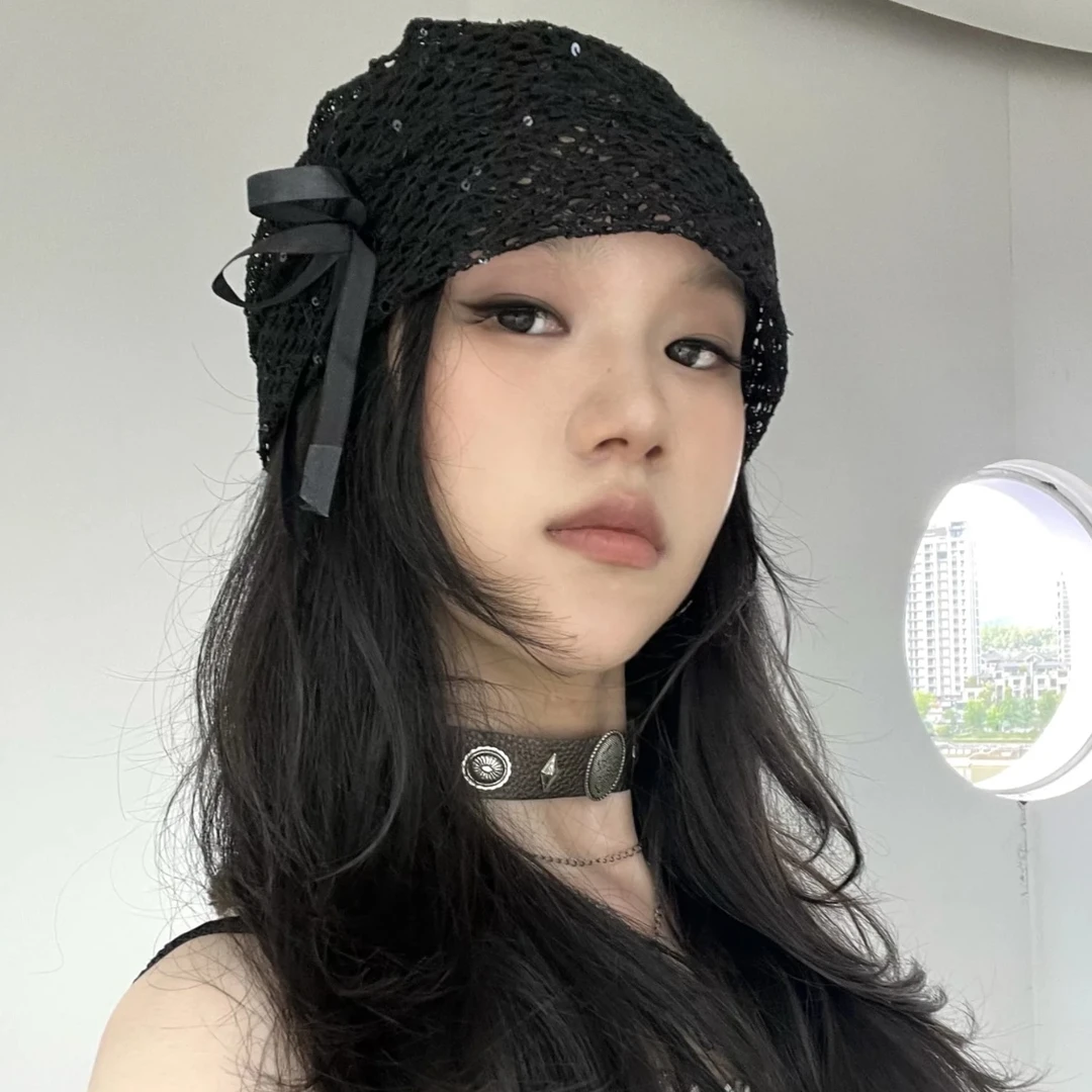 姜贞羽同款~黑色渔网镂空蝴蝶结冷帽女小众设计y2k蕾丝薄款包头帽