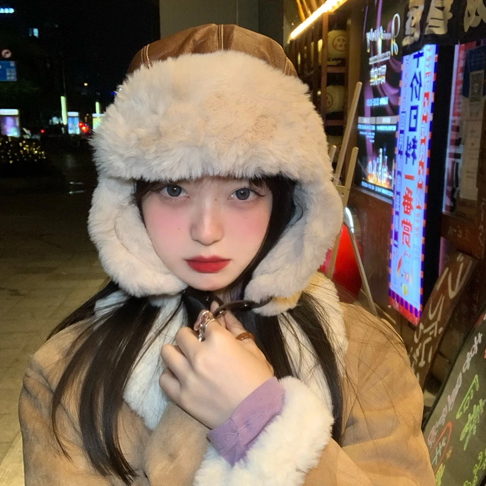 毛绒雷锋帽女冬季骑车防寒保暖加绒加厚护耳帽韩版复古显脸小帽子