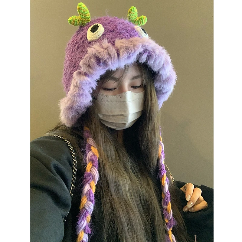 可爱兔毛小怪兽显脸小百搭帽子女秋冬保暖手工毛线帽护耳雷锋帽