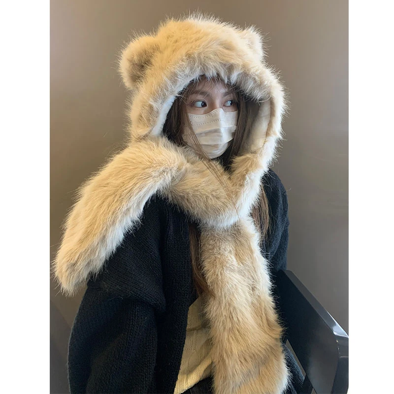 保暖小熊耳朵可爱加绒帽子围巾一体毛绒绒骑车围脖手套三件套加厚