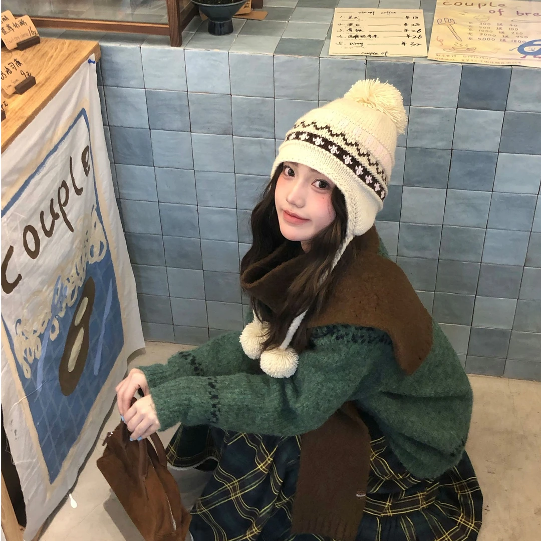 费尔岛针织挂耳毛球帽秋冬保暖护耳撞色百搭小众设计毛绒韩版