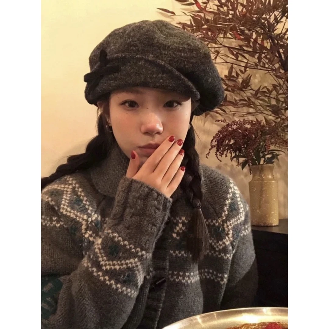 原创正版！！复古秋冬百搭丝绒蝴蝶结八角贝雷帽报童帽显脸小日系