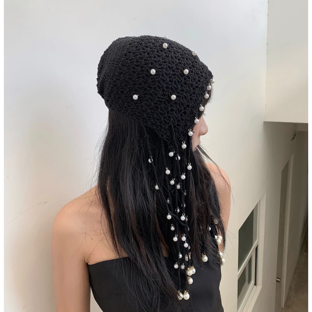 镂空珍珠吊坠手工包头帽子棉线个性渔夫帽时尚毛线四季款堆堆帽潮