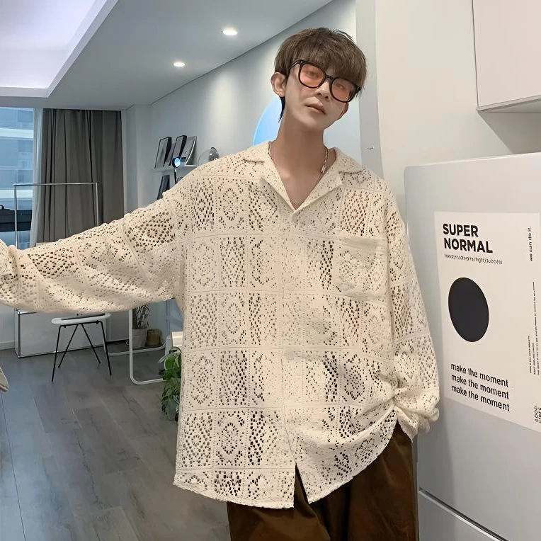 镂空设计感长袖衬衫男女春夏高级时尚古巴领衬衣宽松薄款外套百搭