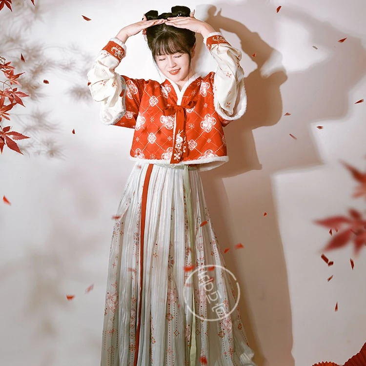 [清仓款】[腮红兔]春秋绣花薄绒唐制背子圆领齐腰裙原创汉服唐国风