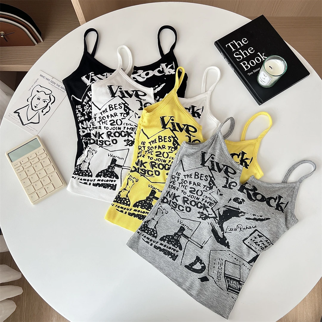 纯欲辣妹小众漫画复古朋克印花小众短款吊带背心带杯垫内搭