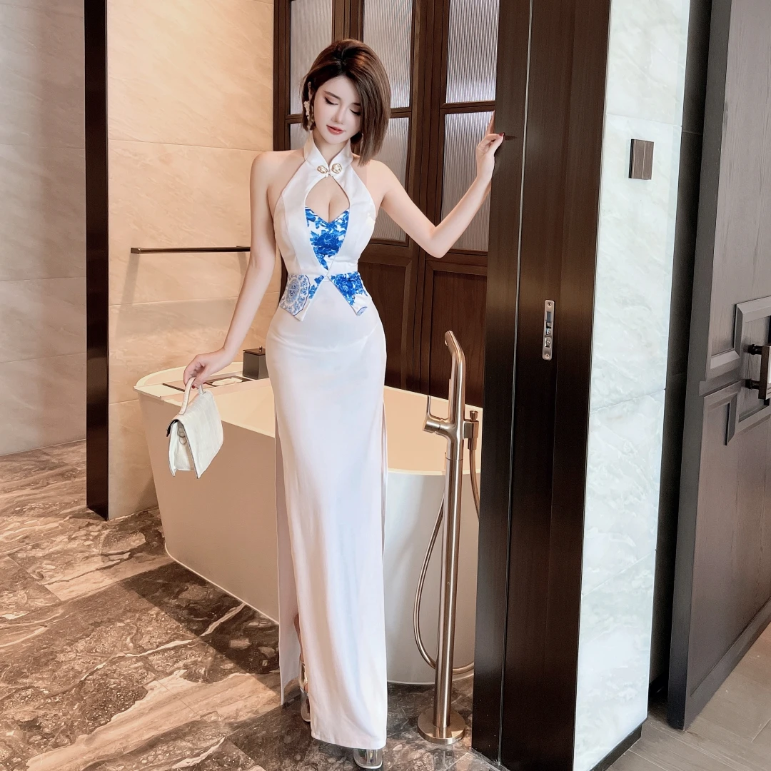 晚礼服长裙小众气质夜场女装夜总会复古中国风印花性感挂脖连衣裙