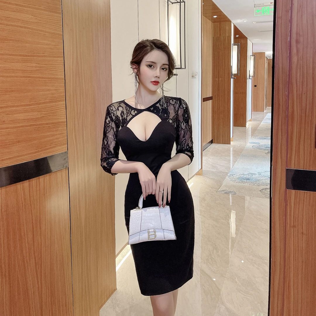 夜场上班衣服性感低胸蕾丝中袖包臀紧身连衣裙夜总会佳丽小礼服裙