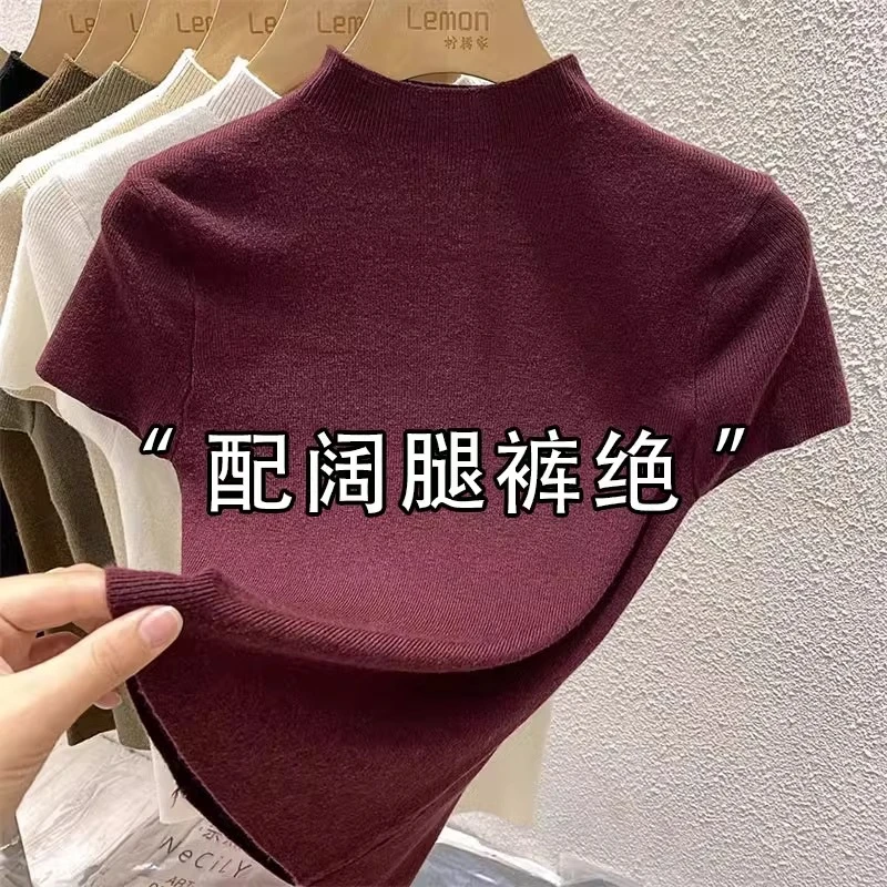 半高领针织衫安可拉夏季新款高级感气质修身显瘦正肩短袖T恤上衣