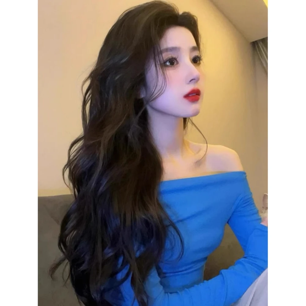 蓝色一字肩长袖T恤女装2025年新款防晒露肤穿搭法式内搭露肩上衣