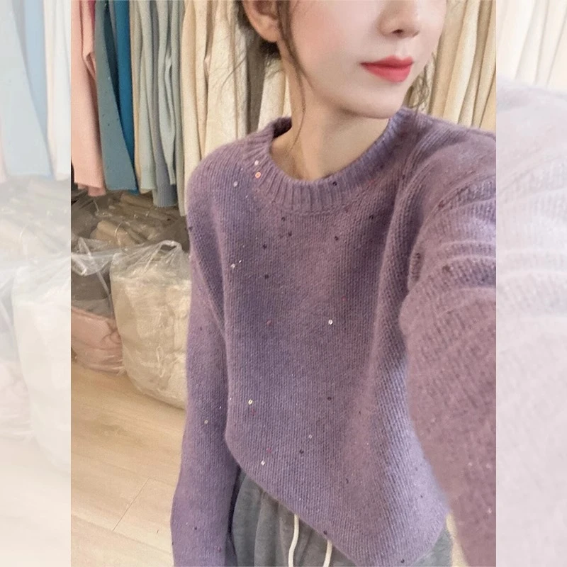 温柔风软糯紫色亮片浣熊绒毛衣女春秋奶fufu慵懒外穿套头针织上衣