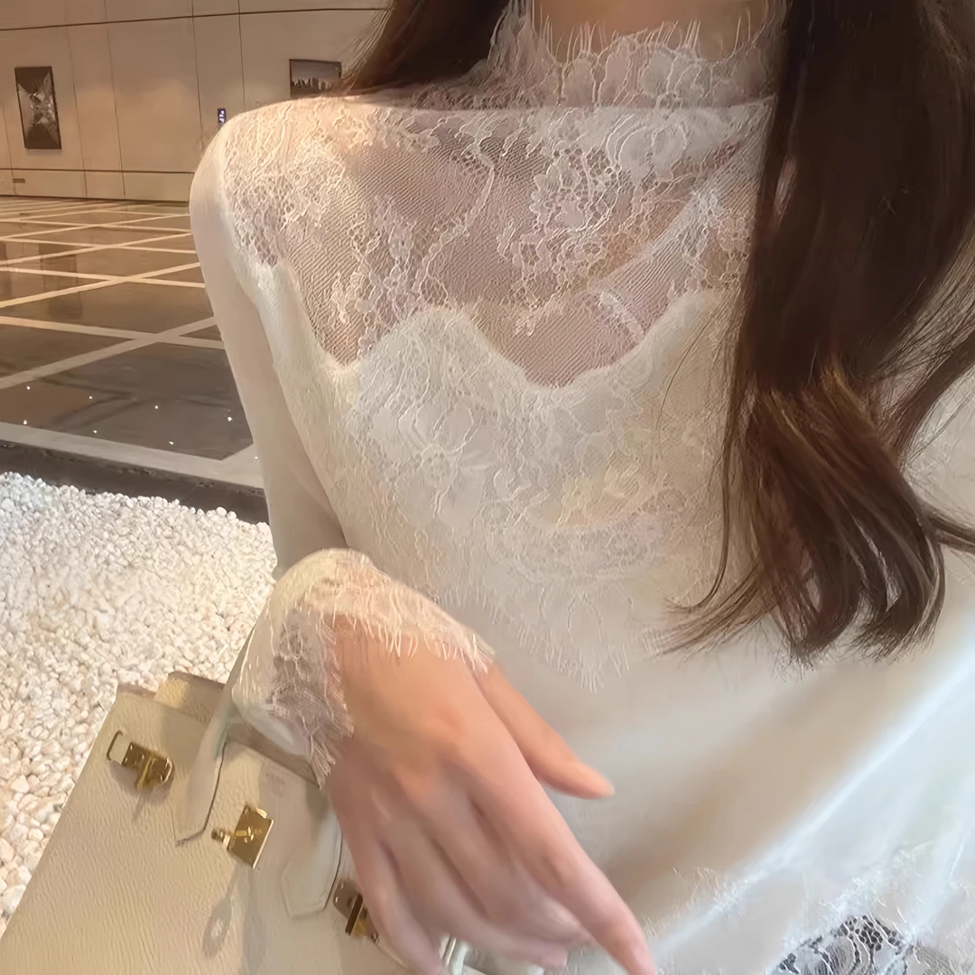 白色高领蕾丝打底衫女2025年秋季新款高级感时尚气质内搭网纱上衣