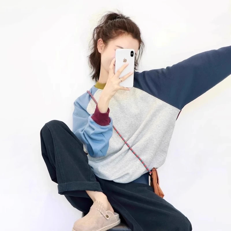 美式复古独特撞色插肩袖慵懒风圆领卫衣女2024秋季小众不撞款上衣