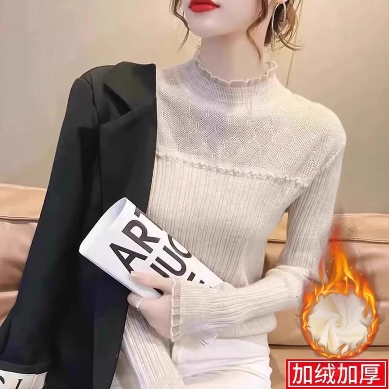 加绒加厚半高领毛衣女春秋小香风内搭蕾丝打底衫一体绒保暖上衣