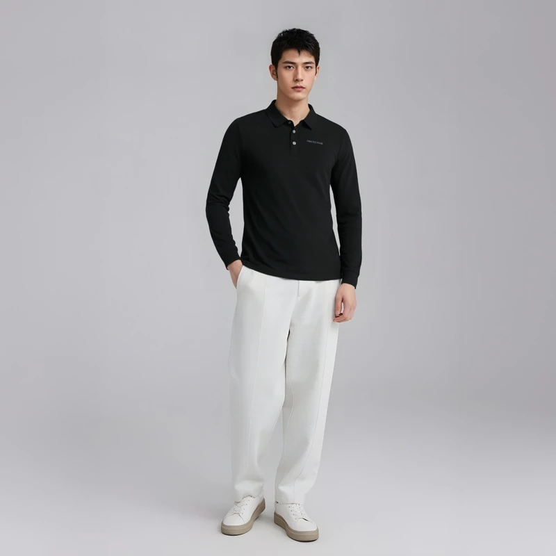 新款户外运动男士简约舒适休闲男式5A翻领打底长袖T恤